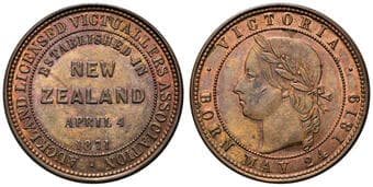 A.20 - Auckland Licensed Victuallers, Penny, 1871 (estab), UNC Copper penny by Allen & Moore, 31mm, 9.93g, red &...