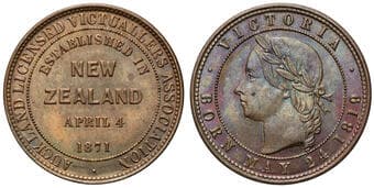 A.20b - Auckland Licensed Victuallers, Penny, 1871 (estab), UNC Copper penny by Allen & Moore, 31mm, 10.18g,...