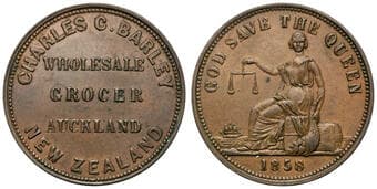 A.21 - Barley, Charles, Auckland, NZ, Penny, 1858, VF Copper penny, 34mm, 14.05g, even brown patina, lightly rubbed...