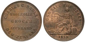 A.21- Barley, Charles C. (grocer), Auckland, New Zealand, Penny, 1858, aUNC Copper penny, about uncirculated with...
