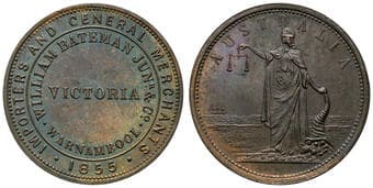 A.23 - Bateman, William Junr & Co (general merchants), Wazznambool, Victoria, Penny, 1855, gEF Copper penny, choice...