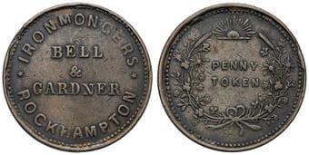 A.27 - Bell & Gardner, Rockhampton, QLD, Penny, C. 1855, aVF Copper penny by J.C. Thornthwaite, 34mm, 16.37g, grey...