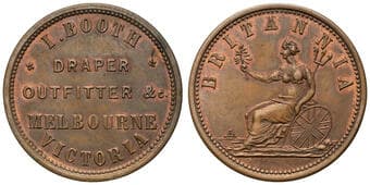 A.28 - Booth, I. (draper and outfitter), Melbourne, Victoria, Penny, aUNC Copper penny, undated, about uncirculated...
