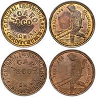 A.41 - Caro, J. & Co, Christchurch, NZ, Penny, aEF - UNC Copper penny by T. Stokes (2), 34mm, 13.84g & 14.7g, one...