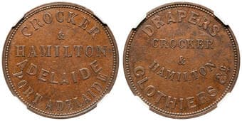 A.50 - Crocker & Hamilton, Adelaide & Port Adelaide, SA, Penny, NGC AU58BN Cert Number: 3695289-005, graded copper...