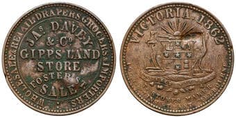 A.55 - Davey, Jas & Co, Sale, VIC, Penny, 1862, VF Copper penny, size 34mm, 14.0g, by T. Stokes, brown patina with...