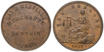 A.59 - Day & Mieville, Dunedin, NZ, Penny, 1857, aEF Copper penny, 34mm, 15.41g, brown patina, moderately rubbed,...