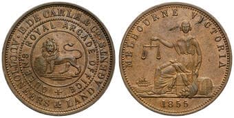 A.63 - De Carle, E & Co, Melbourne, VIC, Penny, 1855, aEF Copper penny, size 34mm, 14.74g, by Heaton & Sons, brown...