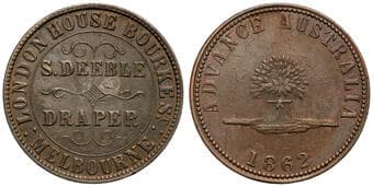 A.67 - Deeble, S, Melbourne, VIC, Penny, 1862, aEF Copper penny, size 34mm, 14.19g, by T. Stokes, scarcer 9 o'clock...