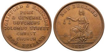 A.80 - Gaisford & Edmonds, Christchurch, NZ, Penny, 1875, aUNC Copper penny, 34mm, 12.29g, traces of red & clean,...