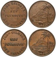 A.81, 81a - Gilmour, John, New Plymouth, Taranaki, New Zealand, Penny, gVF Copper pennies (2), undated (c.1866), rev...