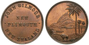 A.81 - Gilmour, John, New Plymouth, NZ, Penny, UNC Copper penny, size 31mm, 8.43g, dots level with top of PLYMOUTH,...