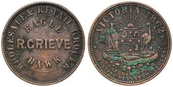 A.87 - Grieve, R, Eaglehawk, Victoria, Penny, 1862, F Scarcer copper penny with Stokes ARMS A/14/R6 reverse, cabinet...