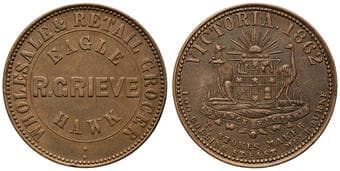 A.87 - Grieve, Robert (grocer), Eaglehawk, Victoria, Penny, 1862, gVF Copper penny, good very fine and rare...