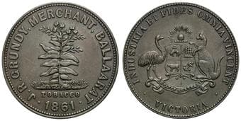 A.88 - Grundy, J.R, Balla(a)rat, VIC, Penny, 1861, EF Copper penny, size 34mm, by Heaton & Sons, even dark chocolate...