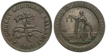 A.89 - Grundy, J.R, Ballarat, VIC, Penny, 1861, EF Copper penny, size 34mm, by Heaton & Sons, dark chocolate patina...