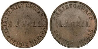 A.93a - Hall, H.J, Christchurch, NZ, Penny, UNC Copper penny, size 34mm, 14.08g, by T. Stokes, showing reverse rim...