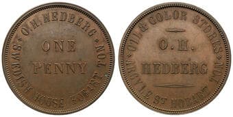 A.101a - Hedberg, O. H. (oil & color stores), Hobart, Tasmania, Penny, aUNC - UNC Proof copper penny, undated. a...