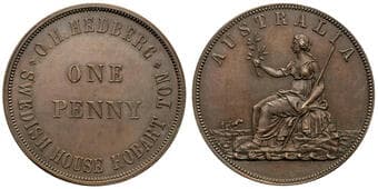 A.101f - Hedberg, Australia, Penny, UNC Late strike, copper pattern penny, 34mm, 17.58g, obv. reverse of A.197...