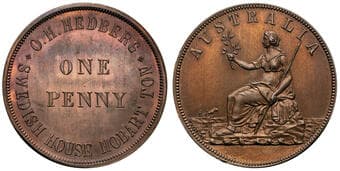 A.101f - Hedberg, Australia, Penny, CHU Late strike, copper pattern penny by W.J. Taylor, 34mm, 18.0g, undated, obv....