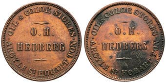 A.102e - Hedberg, O.H, Hobart Ton, Tasmania, Halfpenny, VF Copper halfpenny mule from two obverse dies, cleaned with...
