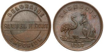 A.106 - Henry, Samuel, Deloraine, Tasmania, Penny, 1857, CHU Copper penny, 34mm, 16.33g, same reverse as A.622 White,...