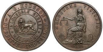 A.113 - Hodgson, A . G, Melbourne, VIC, Penny, 1860, UNC Copper penny, size 34mm, 14.09g, by Heatons / Taylor,...