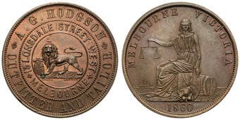 A.114 - Hodgson, A . G, Melbourne, VIC, Penny, 1860, aFDC Copper penny, size 34mm, 15.09g, by Heatons / Taylor,...