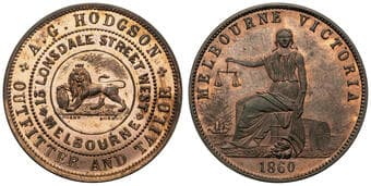 A.115 - Hodgson, A . G, Melbourne, VIC, Halfpenny, 1860, aCHU Copper halfpenny, size 28mm, 9.0g, by Heatons / Taylor,...