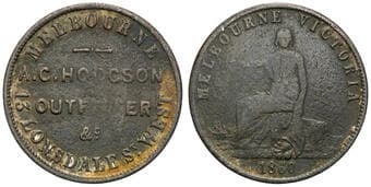 A.119 - Hodgson, A . G, Melbourne, VIC, Halfpenny, 1860, aF Copper halfpenny contemporary mule, size 28mm, 8.38g, by...