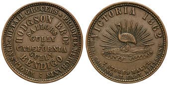 A.120a - Hodgson Bros, Bendigo, VIC, Penny, 1862, gVF Copper penny, size 34mm, 16.40g, by T. Stokes, with documented...