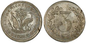 A.121a - Hogarth & Erichsen, Sydney, NSW, Threepence, 1858, PCGS MS62 Cert number: 81865196, graded silver threepence,...