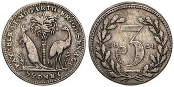 A.121b - Hogarth & Erichsen, Sydney, NSW, Threepence, 1858, F Silver threepence, 16mm, 1.49g, obv. foreground...