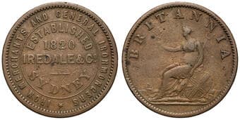 A.143 - Iredale & Co, Sydney, NSW, Penny, 1820 (Estab), aF Copper penny, 34mm, 16.51g, by Heaton & Sons, muted brown...