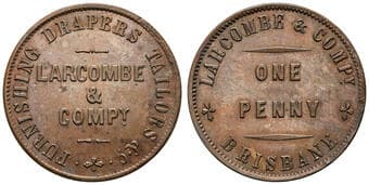 A.157 - Larcombe & Co, Brisbane, QLD, Penny, UNC - CHU Copper penny, size 34mm, 14.11g, undated, coin alignment die...