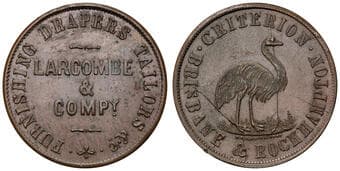 A.157a - Larcombe & Co, Brisbane & Rockhampton, QLD, Penny, C. 1860, aUNC Copper mule penny, 34mm, 13.74g, obv. A.313...