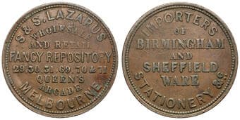 A.158a - Lazarus, S & S, Melbourne, VIC, Penny, gF Copper penny, size 35mm, 15.42g, by W.J. Taylor, brown patina with...