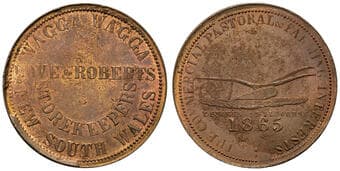 A.167 - Love & Roberts, Wagga Wagga, NSW, Penny, 1865, UNC Copper penny, 34mm, 15.12g, obv. S of STOREKEEPERS below V...