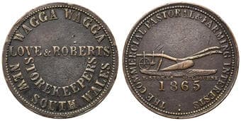 A.167a - Love & Roberts, Wagga, Wagga, NSW, Penny, 1865, aVF Copper penny by T. Stokes, 34mm, 14.28g, obv. S of...