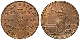 A.175 - Martin, John, Adelaide, SA, Penny, gEF Copper penny, size 34mm, undated, by Heaton & Sons, die axis closer to...