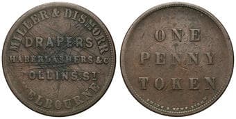 A.192 - Miller & Dismorr, Melbourne, VIC, Penny, F Copper penny, size 34mm, undated, by Smith & Kemp (GB), dark brown...