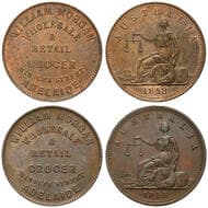 A.202 & A.202a - Morgan, William, Adelaide, SA, Penny, 1858, aVF - aUNC Copper penny (2), size 34mm, by W.J. Taylor,...