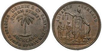A.203 - Morrin & Co, Auckland, NZ, Penny, C. 1858, aUNC Copper penny, size 34mm, 15.10g, by Heaton & Sons, left side...