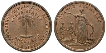A.203c - Morrin & Co, Auckland, NZ, Penny, aUNC Copper penny by Heaton & Sons, 34mm, 14.73g, brown red, about...