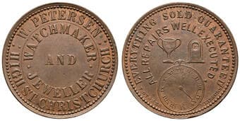 A.228 - Petersen, W., Christchurch, NZ, Penny, aUNC Copper penny by T. Stokes, 34mm, 14.56g, brown and red, showing a...