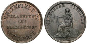 A.231b - Petty / Seated Justice, Penny, 1860, aUNC - UNC Late strike copper mule penny, size 34mm, 15.05g, by W.J....