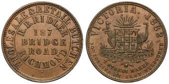 A.236 - Ridler, R.B., Richmond, VIC, Penny, 1862, EF Copper penny, size 34mm, 13.85g, by T. Stokes, attractive brown...