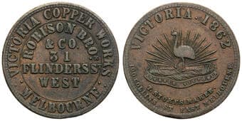 A.241 - Robison Bros, & Co, Melbourne, VIC, Penny, 1862, gF Copper penny, size 34mm, 13.20g, by T. Stokes, mid-weight...