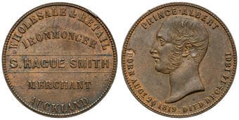 A.246a - Smith, S. Hague, Auckland, NZ, Penny, aVF Copper penny, 34mm, 15.29g, undated, apex of A of AUCKLAND 2.5mm...