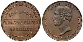 A.246d - Smith, S. Hague, Auckland, NZ, Penny, UNC Copper penny, 34mm, 15.33g, attractive brown patina with a little...